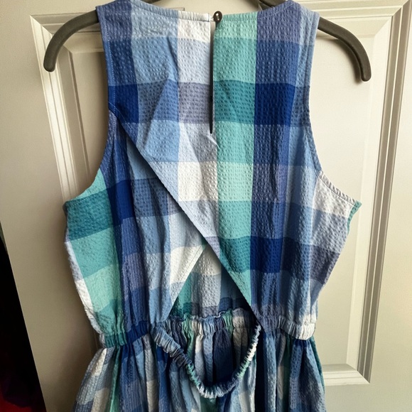 LOFT Plaid Cutout Back Midi Pocket Dress Blue Aqua White Size M. NWT - Picture 9 of 15